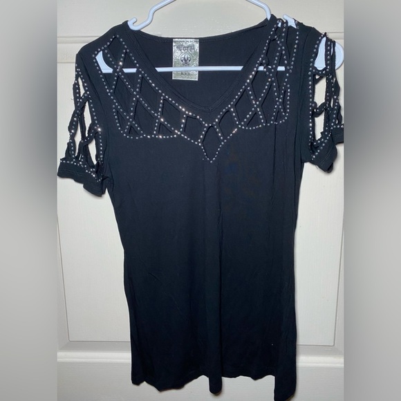 VOCAL Womens‎ Crystal Black Laser Cut Out Shirt Blouse S - Picture 1 of 4